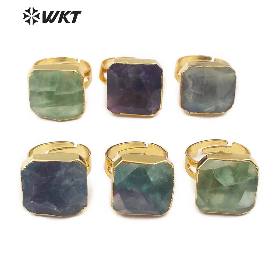 WT-R211 Natural rainbow Fluorite square Gemstone Rings, Fashion Raw Fluorite Stone Rings with 18K Gold Dipped