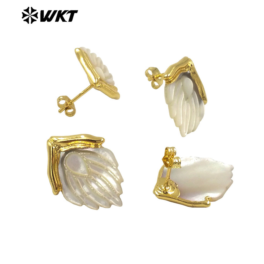 WT-MPE142 Beautiful Exquisite 18K Gold Plated Natural Shell Angel Wings Earrings Stud for Girlfriend As Valentine's Day Gift