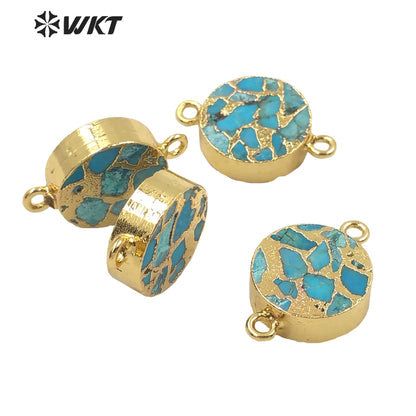 WT-C300 WKT Newest Natural Copper Turquoise Stone Connectors for Jewelry Bracelet and Necklace Double Loops Round Stone Pendant