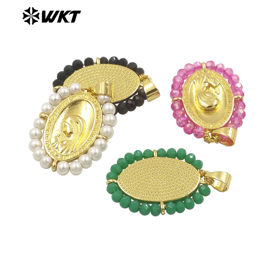 WT-MN995 WKT 18K Gold Plated Yellow Brass Metal Carved With Handmade Wire Wrapped Crystal Beads the Beauty Face Necklace