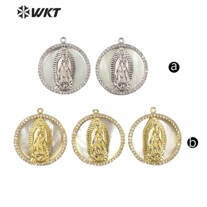WT-MP144 WKT New Small Size White MOP Shell Virgin Mary Religious Pendant Hot Gold Electroplated Round Coin Mary Pendant