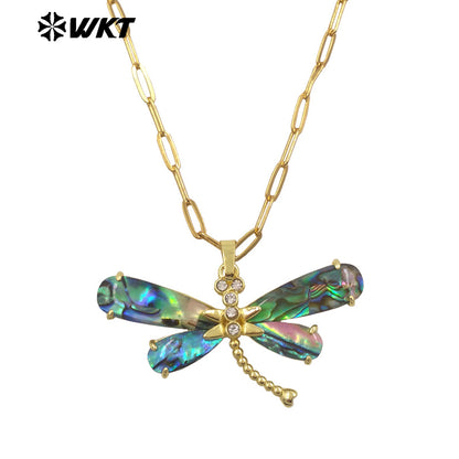 WT-JN336 Wonderful Exquisite Gold Plated Natural Abalone Shell Dragonfly Shape Necklace For Ladies Elegant Daily Wearing Jewelry