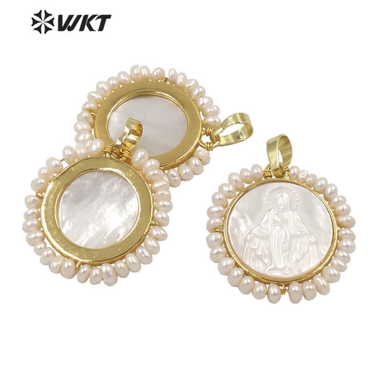 WT-JP256 New Design the God of Mother Virgen Maria Shell Pendant Fashion Gold Bezel White Round Amen Madrededios Pendants