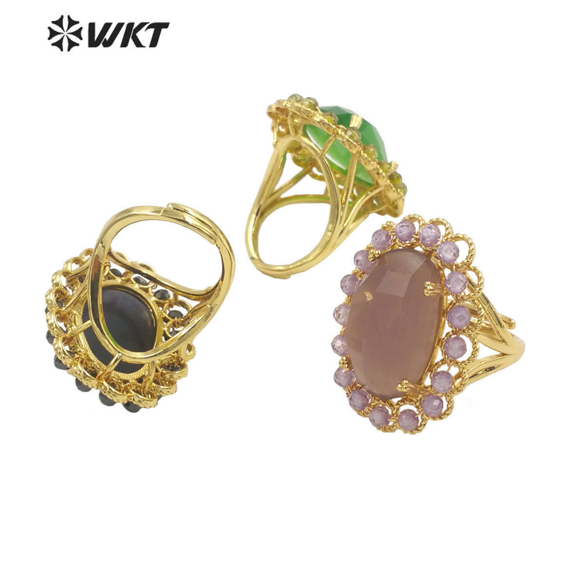 WT-R459 WKT Wholesale New Women 18k Gold Plated Resist Tarnishable Oval Cat Eye Stone Ring Charming Stone Beads Beauty Ring