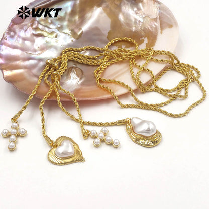 WT-JFN52 Elegant Style Brass And Artificial Pearl Gold Plated Cross Heart Shape Charms Metal Necklace For Friends Romantic Gift