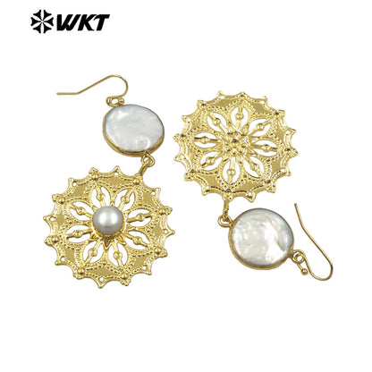 WT-MPE150 Hot Sales Beautiful Fashion Women Earrings With Natural Freshwater Pearl 18K Gold Plated Exquisite Ladies Jewelry