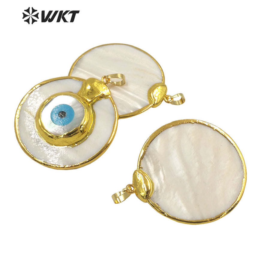 WT-JP260 WKT Newest Design Big Round Natural White Shell Eye Pendant Women Gorgeous Lucky Turkey Eye Shell Pendants