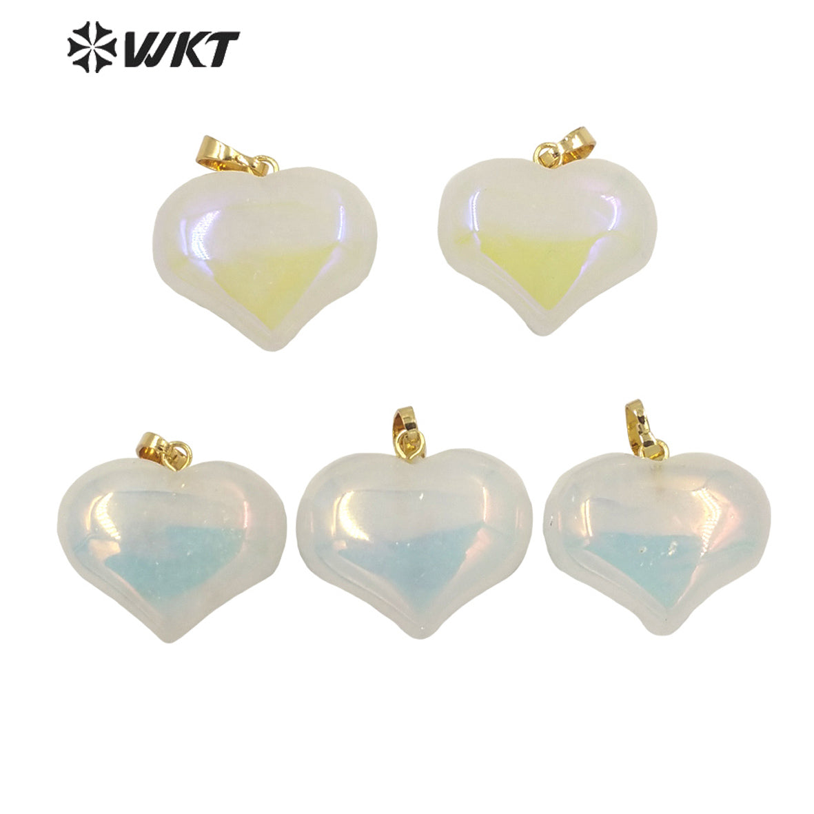 WT-P1707 Wholesale Fashion Gold Aura Crystal Quartz Heart Stone Pendant Simple Hoop Natural Flash rainbow Heart Pendant