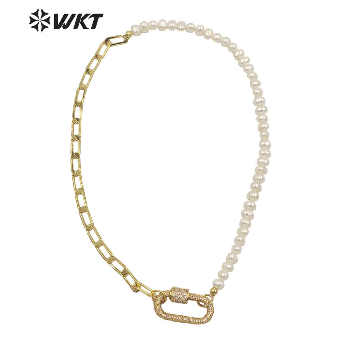 WT-MN975 Amazing Feature 18k Real Gold Plated Combine Chain Necklace Lady Elegant Freshwater Pearl Chain CZ Clasp Necklace