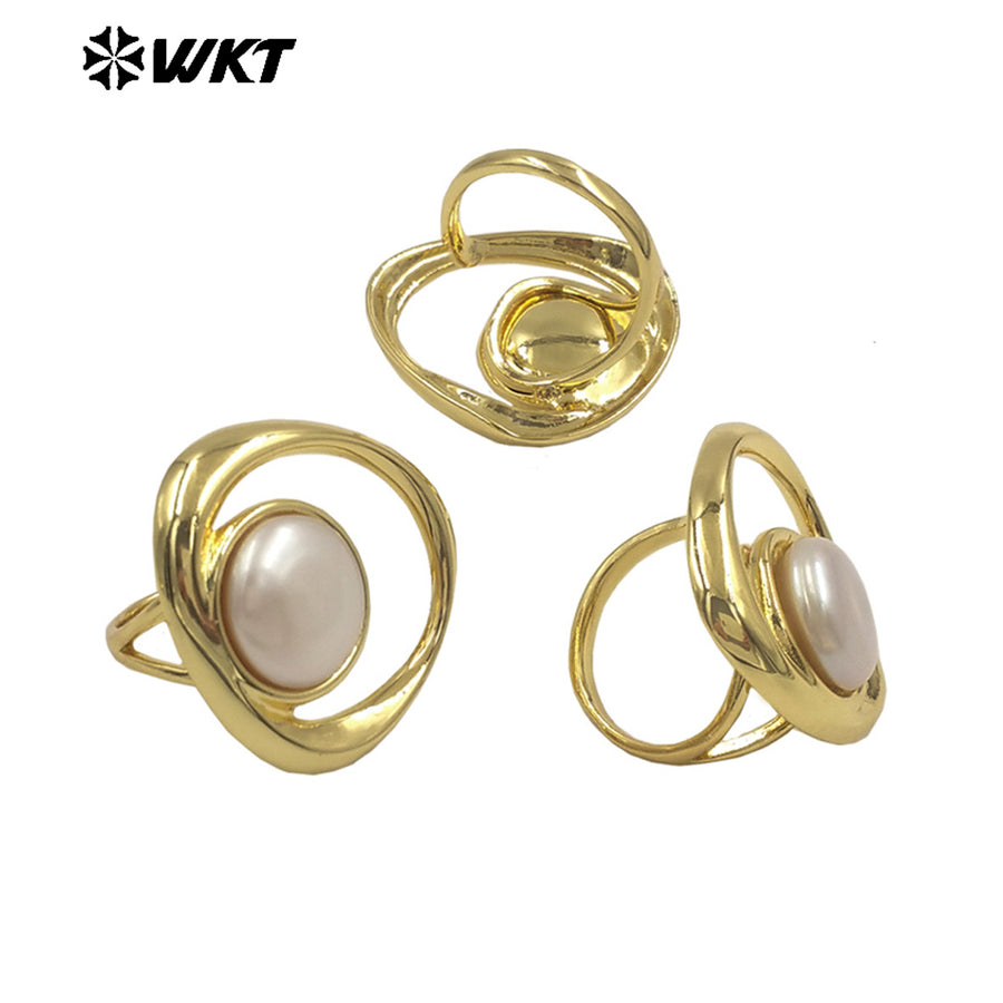 WT-MPR133 Amazing Design 18K Gold Plated Double Layers Ring With Freshwater Pearl Women Elegant Gorgeous Jewelry Adjustable Size