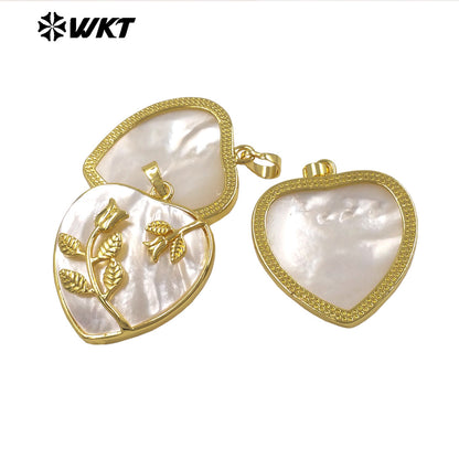 WT-JP516 Delicate White Shell And Gold Plated Leaves Heart Shape Pendant For Female Fashion Jewelry Decorative Findings