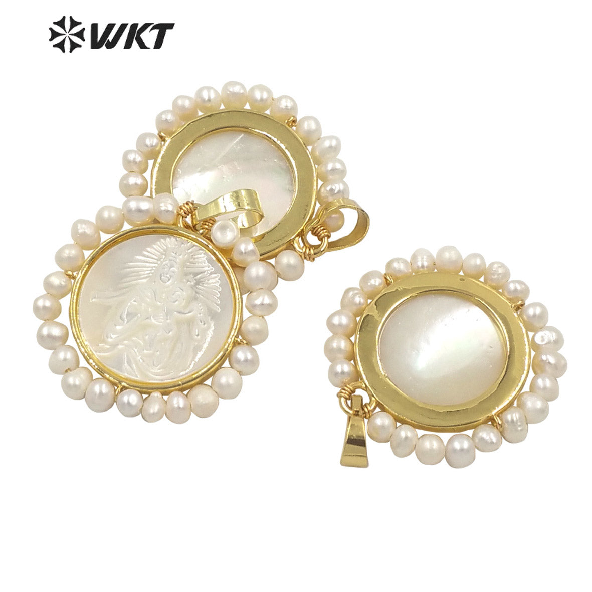 WT-JP262 Fashion Gold Amazing Handmade Wire Wrapped Tiny Pearl Charm Shell Pendant Gold Bezel Virgin Mary and Jesus Religious