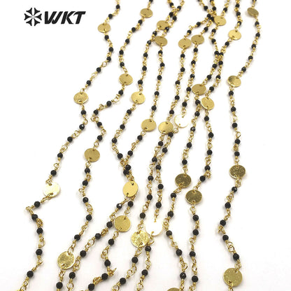 WT-RBC148 Wholesale Natural Black Agate Beads Chain Stylish Gold Plated Black Agate Rosary Beads Chain for DIY Jewelry Making