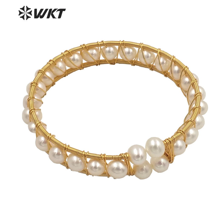 WT-MPB033 WKT Gold Gorgeous Freshwater Pearl Wire Wrapped Women Bangle High Quality Pearl Wrapped Elegant Bangle