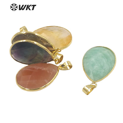WT-P1896 WKT New Material Design 24MM Diamond Faceted Waterdrop Yellow Citrine Fluorite Stone Pendant for Earring Match