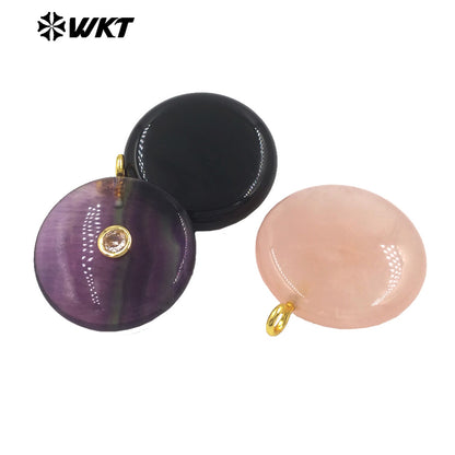 WT-P2086 Good Quality Amethyst Various Natural Gemstone And Zircon Round Gold Pendant For Simple Style Necklace Earring Making