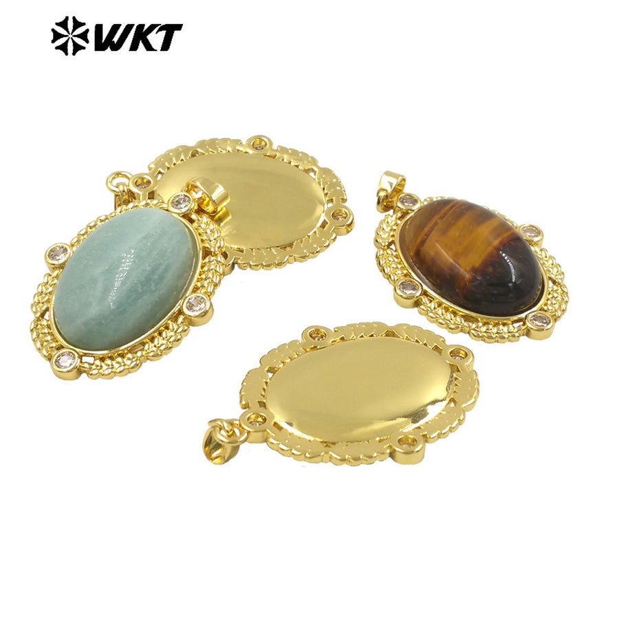 WT-N1474 Amazing 18K Real Gold Plated Resist Tarnishable Natural Gemstone Bezel Setting Oval Shape With Zircon Stone Necklace