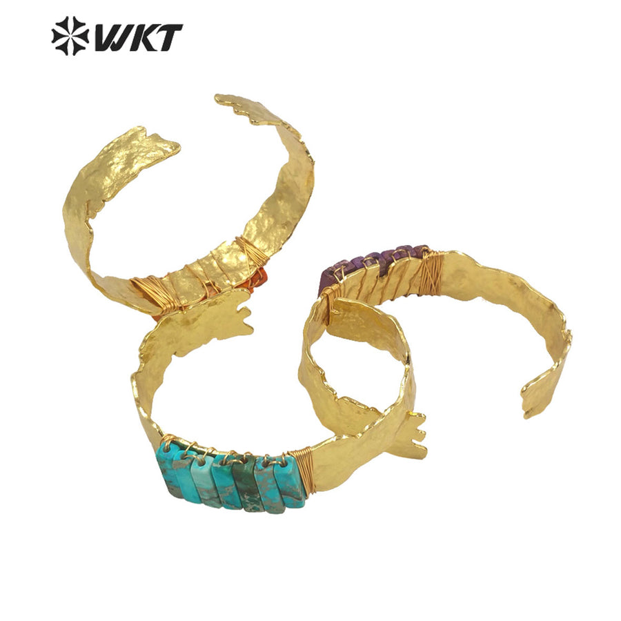 WT-B617 WKT New Design Colorful Natural Imperial Jasper Bangle With Wire Wrapped Handmade Craft Vintage Bangle for Girl