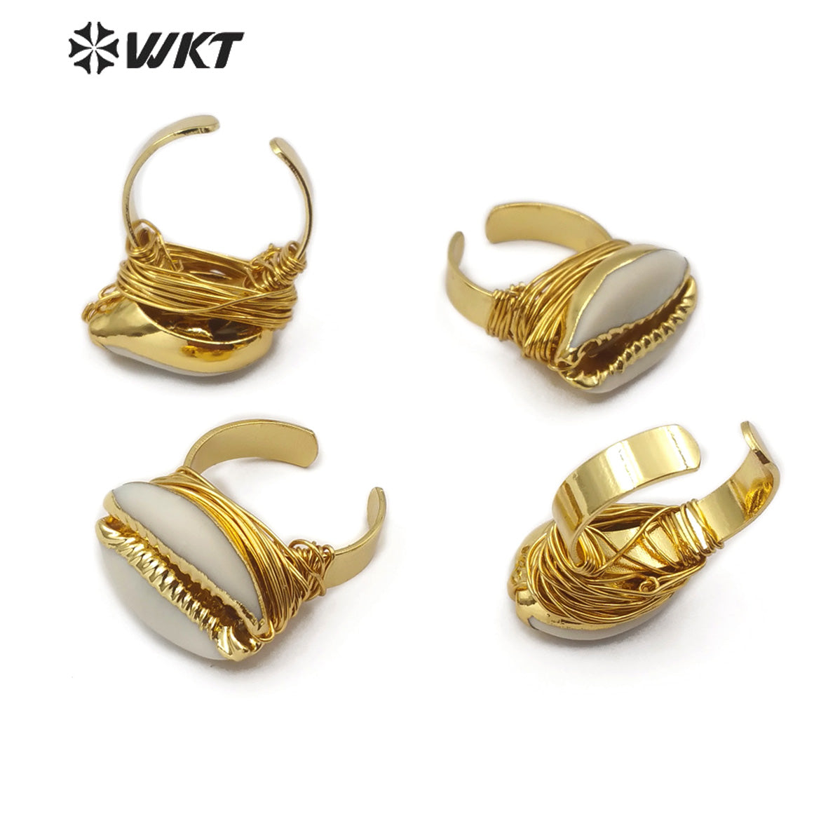 WT-R339 Wholesale Wire Wrapped Cowrie Ring New Arrival Natural Cowrie Gold Electroplated Ring Women Charm Jewelry Ring
