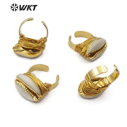 WT-R339 Wholesale Wire Wrapped Cowrie Ring New Arrival Natural Cowrie Gold Electroplated Ring Women Charm Jewelry Ring