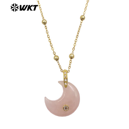 WT-N1530 Factory Wholesale Multiple Natural Gemstones Moon Shape Gold Little Pendants Necklaces For Lady Birthday Gifts