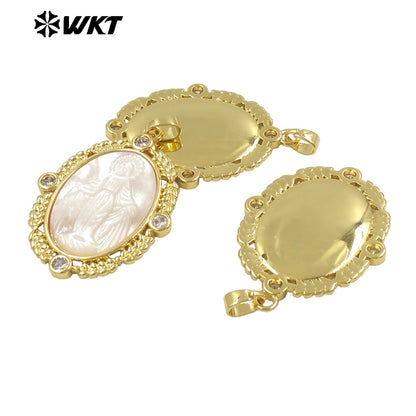 WT-JP368 Wholesale New Arrival Exclusive Fashion Gold Plated Religious Lady of Grace Guadalupe Shell Pendants in Bezel
