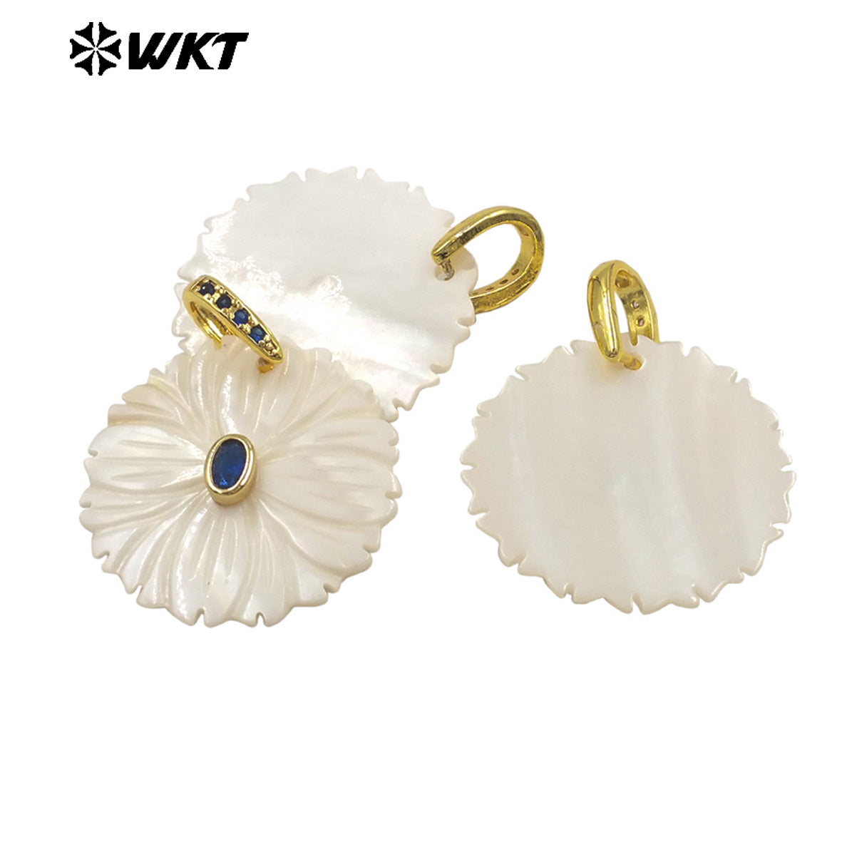 WT-JP481 Classic Design Colorful Zircon And White Shell Hand Carved Round Gold Pendant For Necklace Jewelry Making Accessory