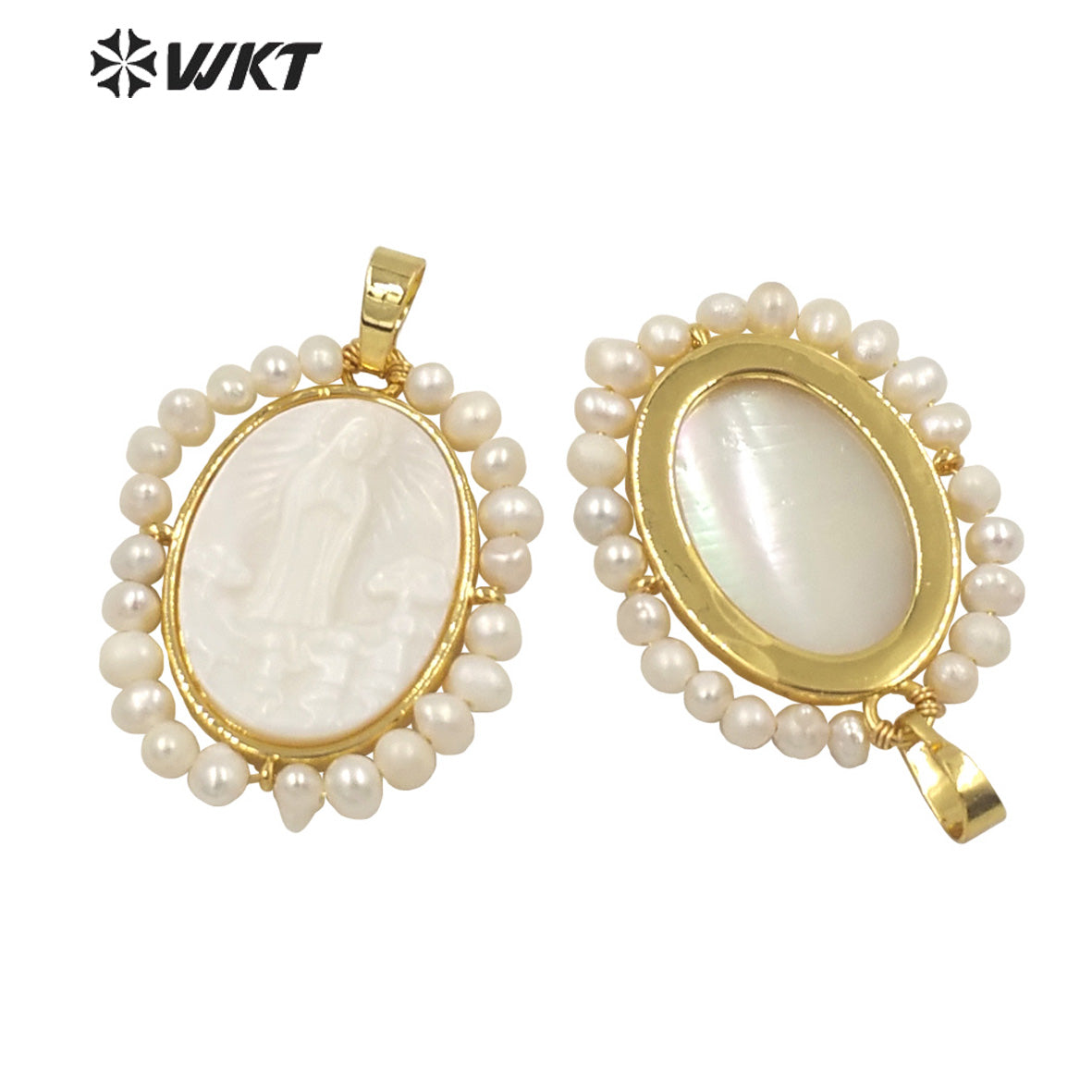 WT-JP264 WKT New Design Fashion Gold Bezel Religious Pearl Christian Pendant Oval Shape Virgin Mary Pendant for Necklace