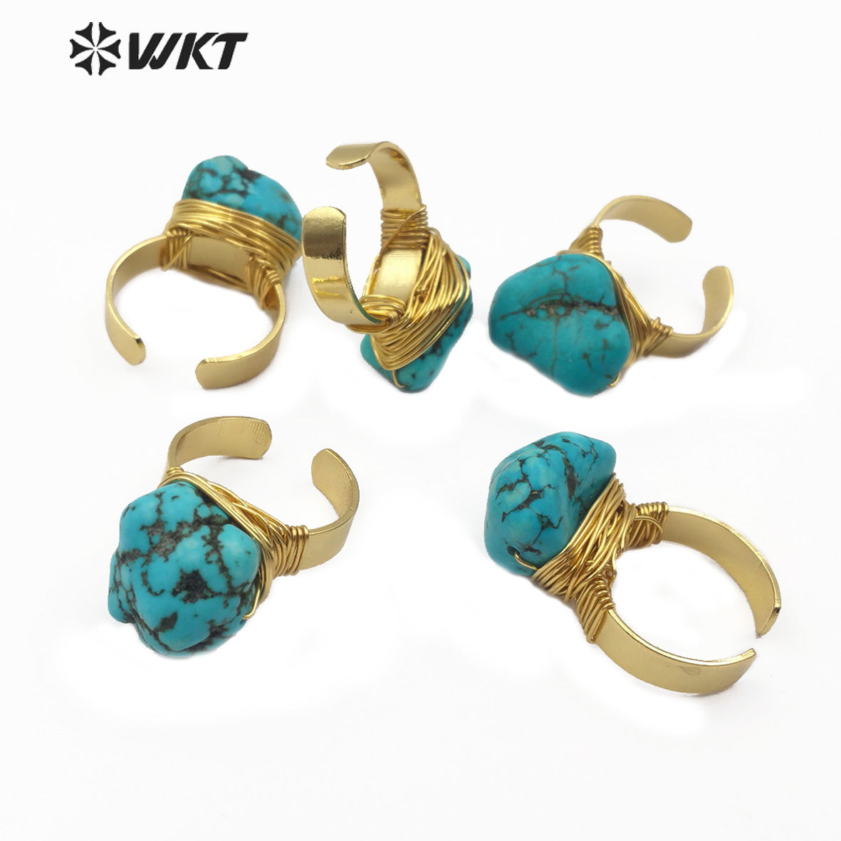 WT-R343 Wholesale Chunky Turquoise Ring Natural Turquoise Ring With Gold Electroplated Adjustable Size Women Elegant Charm Ring