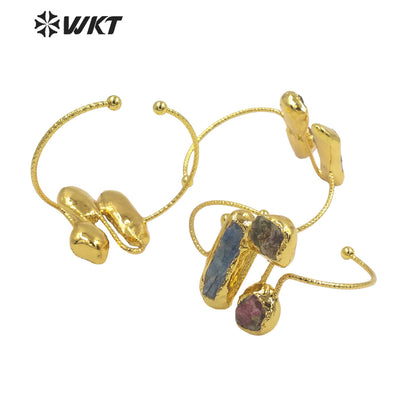 WT-B621 Gorgeous Fashion Triple Natural Stone Bangle Open Size Cuff Adjustable Kyanite Bangle Handmade Gold Anniversary Gift