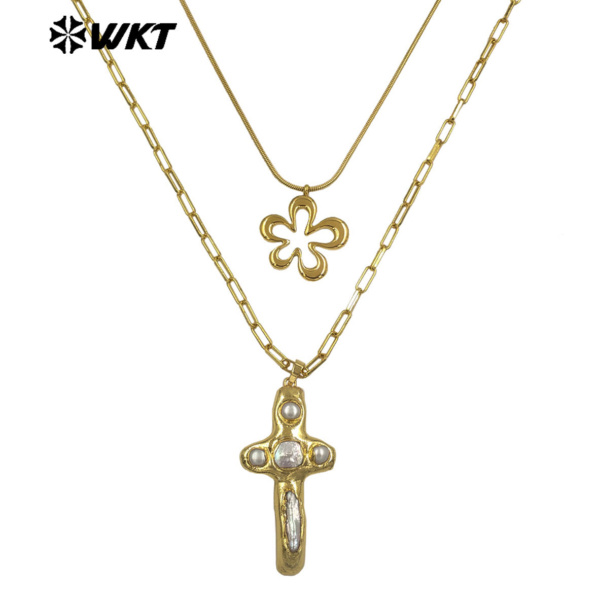 WT-JN366 Vintage 18K Gold Plated Natural Freshwater Pearl Cross And Flower Star Pendant Double Layers Necklace As Party Gifts