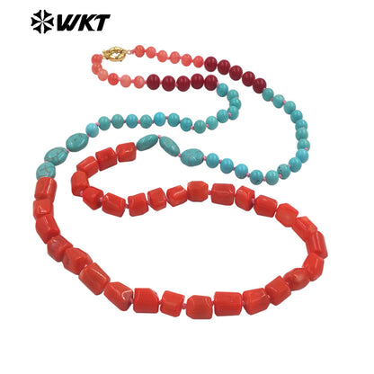 WT-N1504 High Quality Length 108CM Natural Turquoise And Red Coral Splicing Long Women Necklace For Party Matching Jewelry
