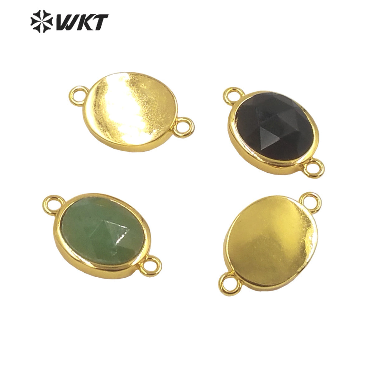 WT-C306 Wholesale Delicate Double Loops Stone Connector Jewelry Findings Chain Faceted Oval Shape Gemstone Charm Pendant