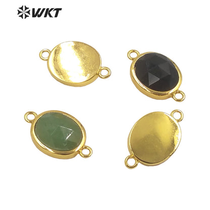 WT-C306 Wholesale Delicate Double Loops Stone Connector Jewelry Findings Chain Faceted Oval Shape Gemstone Charm Pendant