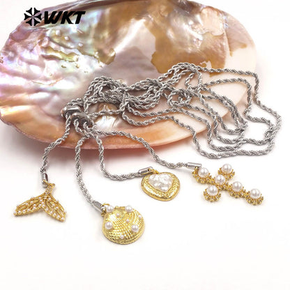 WT-JFN55 Exquisite Gold Plated Brass And Artificial Pearl Cross Heart Charms With Silver Metal Chain Necklace For Party Wearing