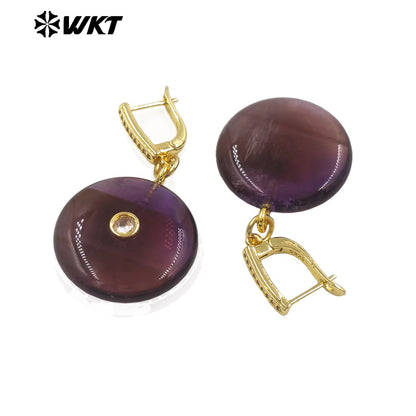 WT-E809 Fashionable Rose Quartz Various Natural Gemstones With Zircon Round Gold Earrings As Women Daily Elegant Jewelry