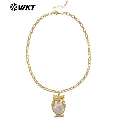 WT-JN337 Excellent Lovely Style Jewelry 18K Gold Plated Natural Shell Owl Shape Pendant Necklace For Trend Birthday Gift