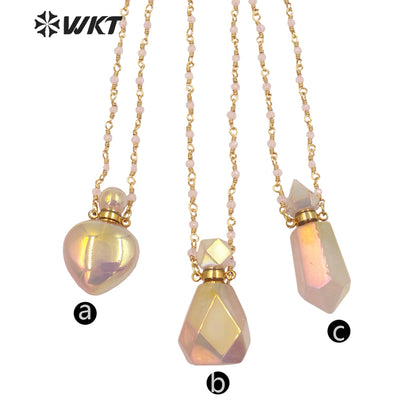 WT-N1331 Ins Hot Amazing Gorgeous Rose Quartz with Aura Perfume Bottle Necklace Essencial Oil Stone Bottle Pink Aura Stone