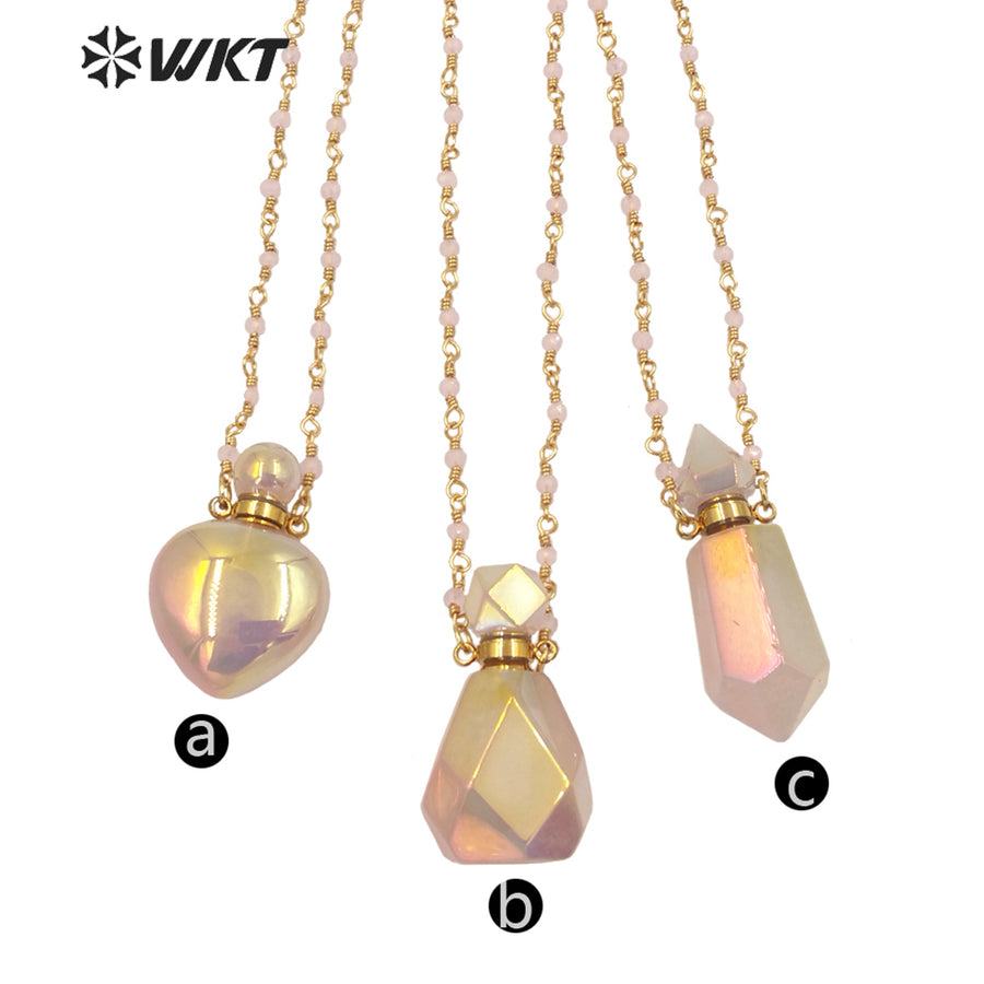 WT-N1331 Ins Hot Amazing Gorgeous Rose Quartz with Aura Perfume Bottle Necklace Essencial Oil Stone Bottle Pink Aura Stone