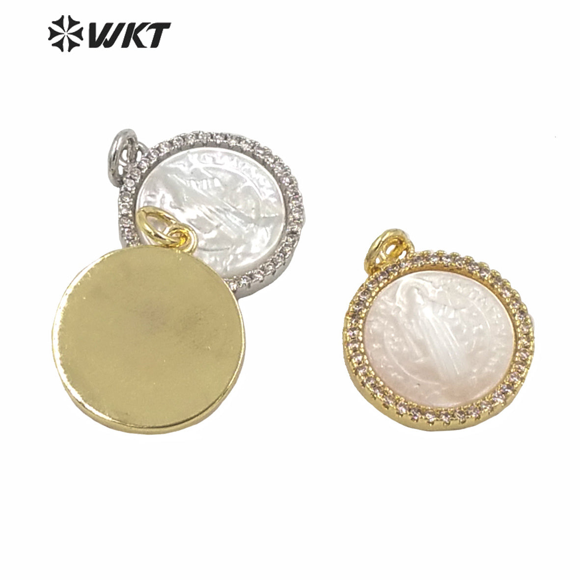 WT-MP164 Wholesale New Gold Electroplated Cubic Zircon Round Jehovah People Image Pendant 15mm Christian White Shell Pendant