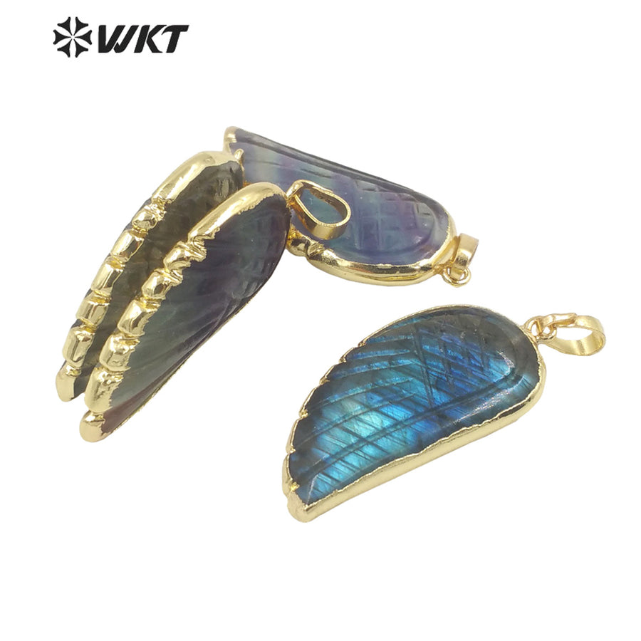 WT-P1936 Wholesale Hot Sale Fashion Design Natural Rainbow Fluorite & Labradorite Wing Shaped Pendant