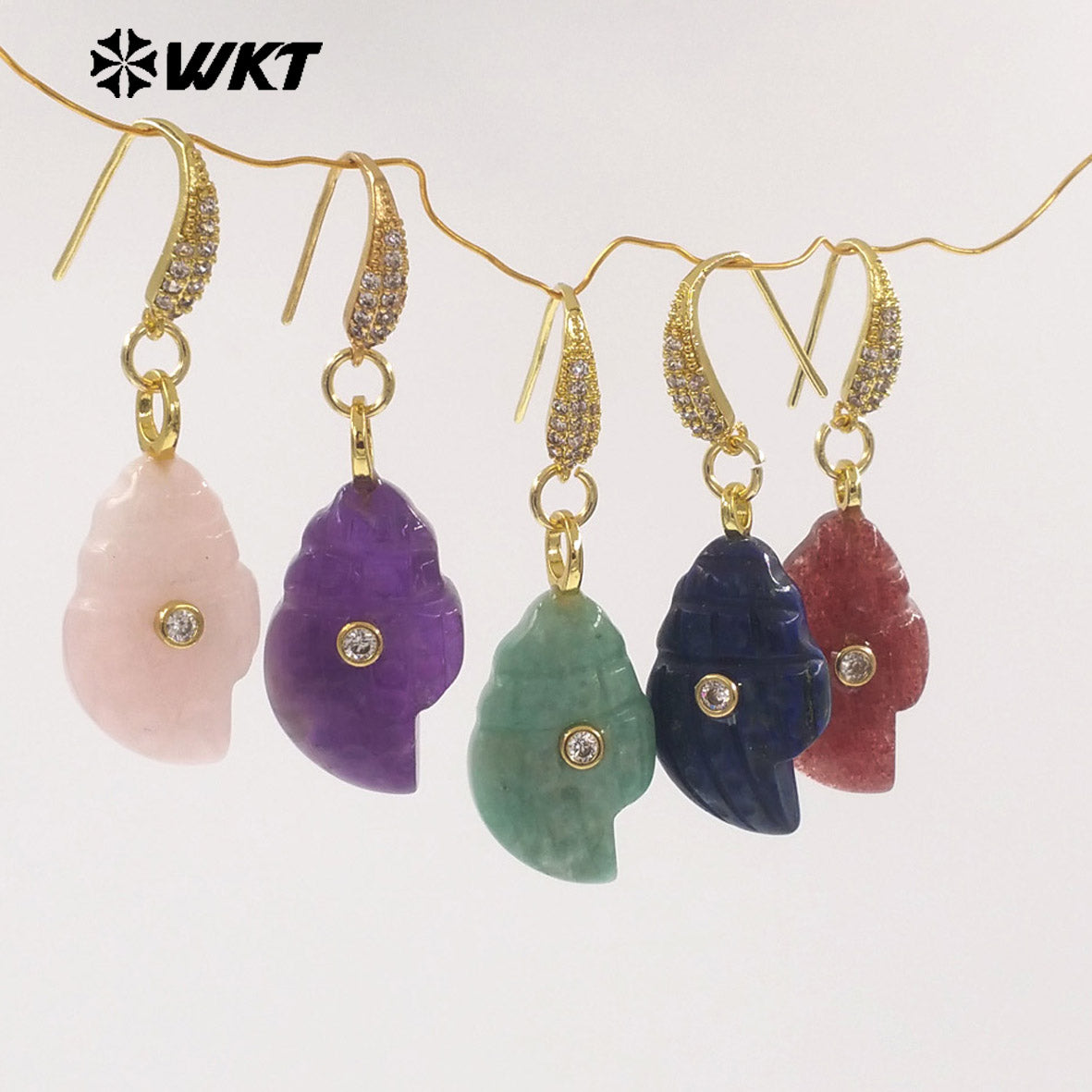 WT-E828 New Product Zircon And Various Natural Gemstones Conch Shape Gold Earrings For Girls Summer Beach Wearing Accessory