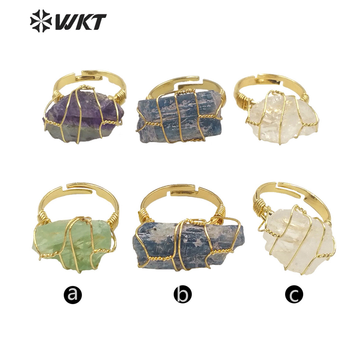 WT-R374 Wholesale Fashion Handmade Wire Wrapped Raw Stone Ring Women Gold Vintage Boho Blue Kyanite Fluorite Ring
