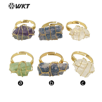 WT-R374 Wholesale Fashion Handmade Wire Wrapped Raw Stone Ring Women Gold Vintage Boho Blue Kyanite Fluorite Ring