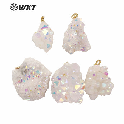 WT-P1561 Amazing rainbow Natural Aura Cluster Quartz Pendant One Single Hoop Druzy Cluster Quartz Angel Pendant