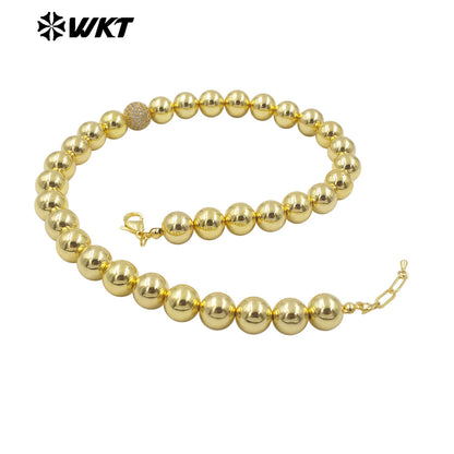 WT-JFN19 Wholesale New Handmade 12MM Big Round Brass Beads Fashion Lady Simple Cool 18k Real Gold Plated Metal Necklace