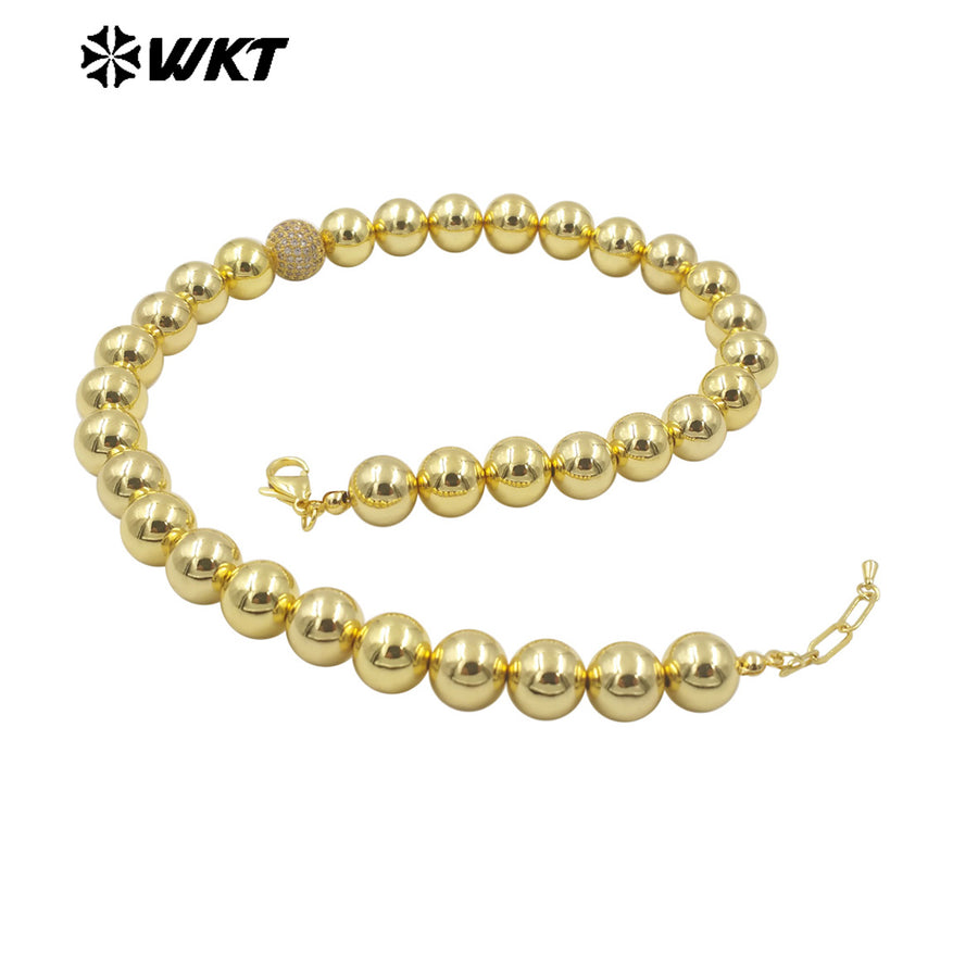 WT-JFN19 Wholesale New Handmade 12MM Big Round Brass Beads Fashion Lady Simple Cool 18k Real Gold Plated Metal Necklace