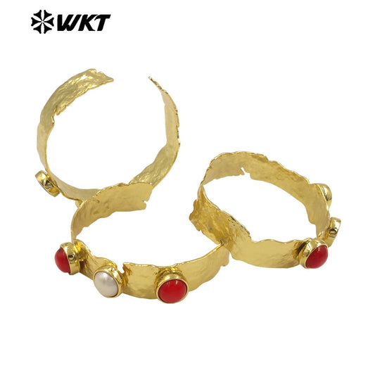 MPB109 Amazing Gorgeous Fashion Bohemian 18K Real Gold Plated Triple Stone Pearl and Coral Round Shape Women Jewelry Bangle