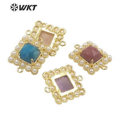 WT-PC004 Wholesale Fashion Gold Double Loops Natural Square Claw Setting Gemstone Connectors for DIY Jewelry Findings