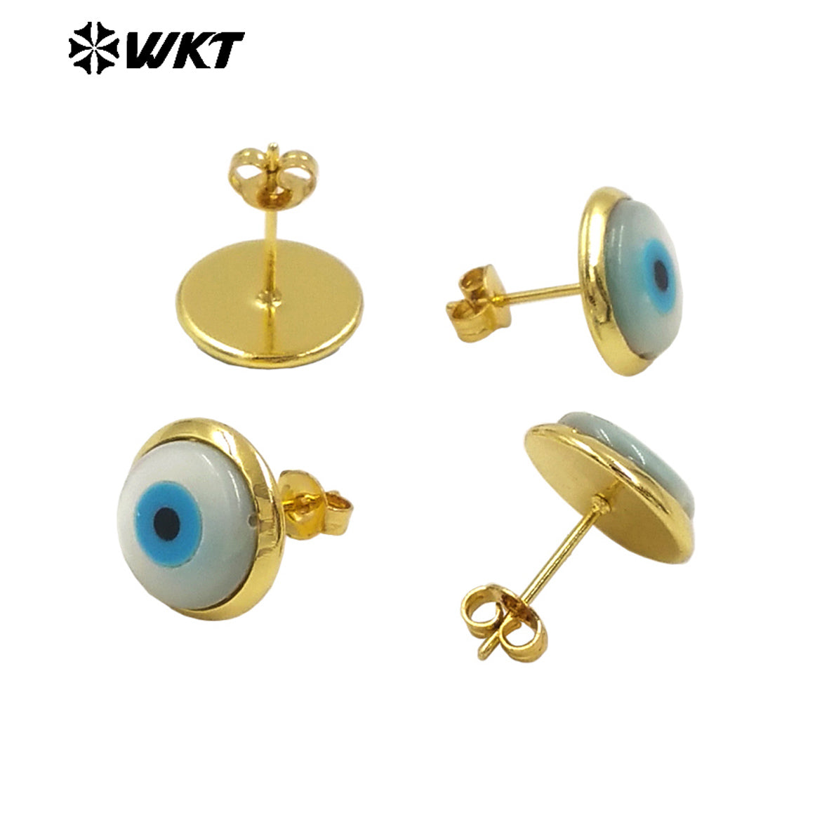 WT-MPE131 Wholesale Fashion 18K Gold Plated 10mm Brass Bezel Setting Natural Shell Turkey Eye Studs Women Earrings